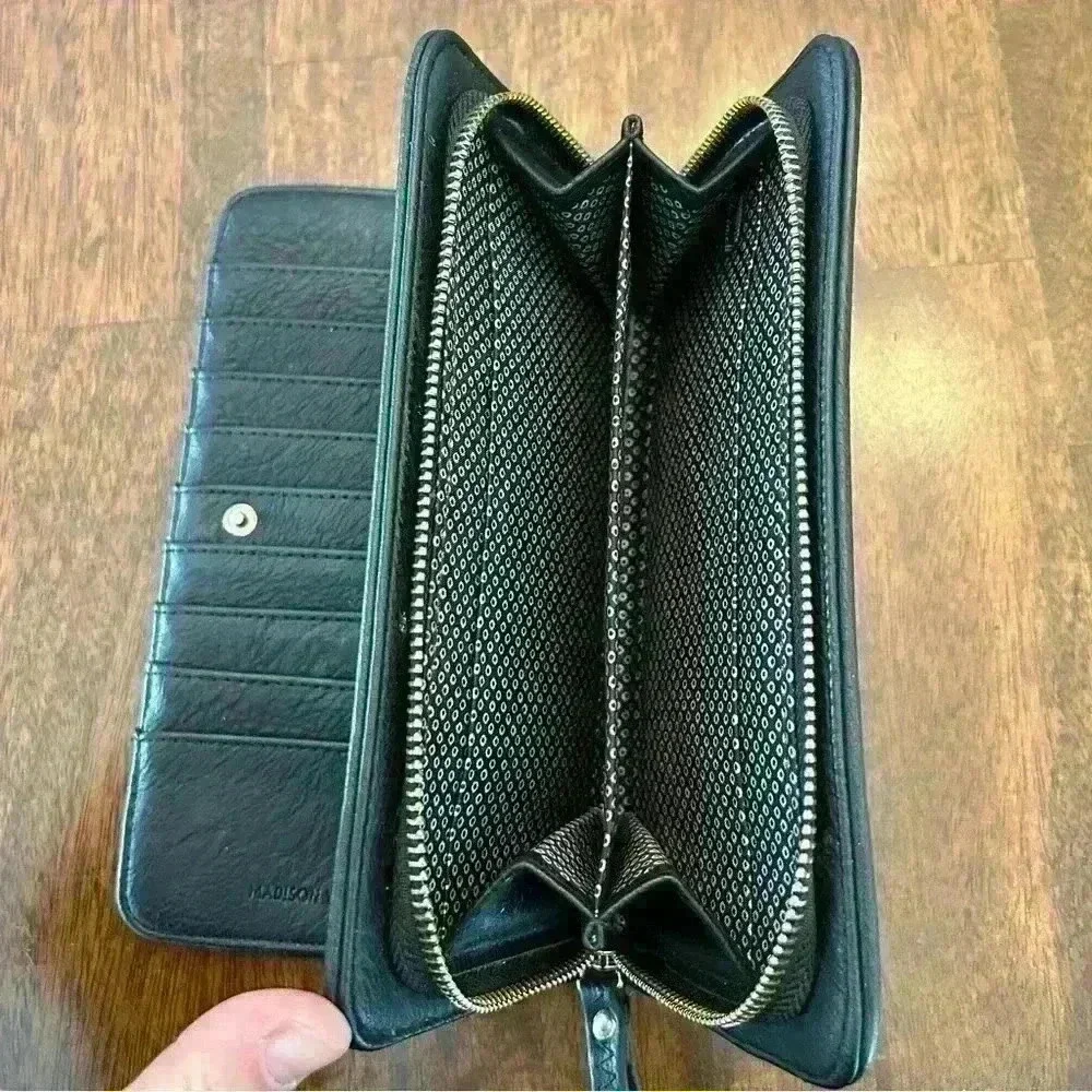 Madison West Wristlet Wallet Black Woven Faux Leather Clutch